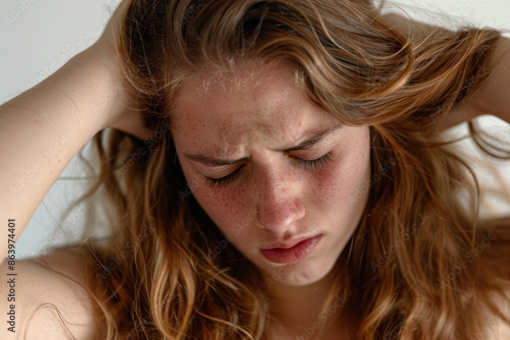 Stressed Young Woman Holding Head in Distress