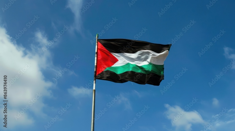 Palestinian flag waving in the clear blue sky, symbolizing freedom, national pride, and cultural heritage in the Middle East. Palestinian flag waving in the clear blue sky, symbolizing freedom, national pride, and cultural heritage in the Middle East.