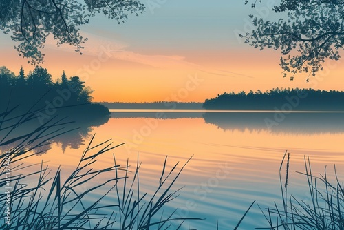 A serene lake scene with the sunset reflected on the water, framed by trees and reeds along the shore. Generative AI