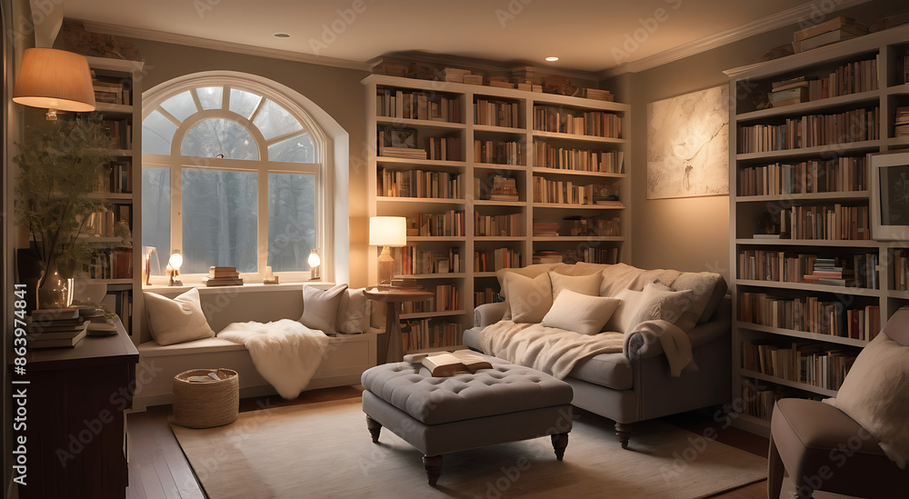 Fototapeta premium The cozy ambiance of a reading nook, with comfortable seating, warm lighting, and a collection of books. Highlight the inviting and peaceful environment 