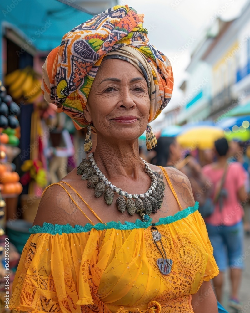 Middle-Aged Woman in Traditional Bahian Dress at Lively Street Market in Salvador
Middle-Aged Woman in Traditional Bahian Dress at Lively Street Market in Salvador