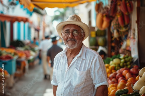 Middle-Aged Man in Traditional Guayabera Walking Through Mérida Market Street

