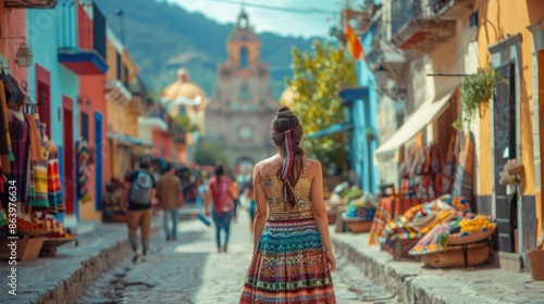 Young Woman in Traditional Huipil Walking Through Bustling Plaza in Oaxaca City   © Kristian