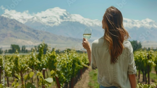 Young Woman Enjoying Malbec Wine in Mendoza Vineyard

