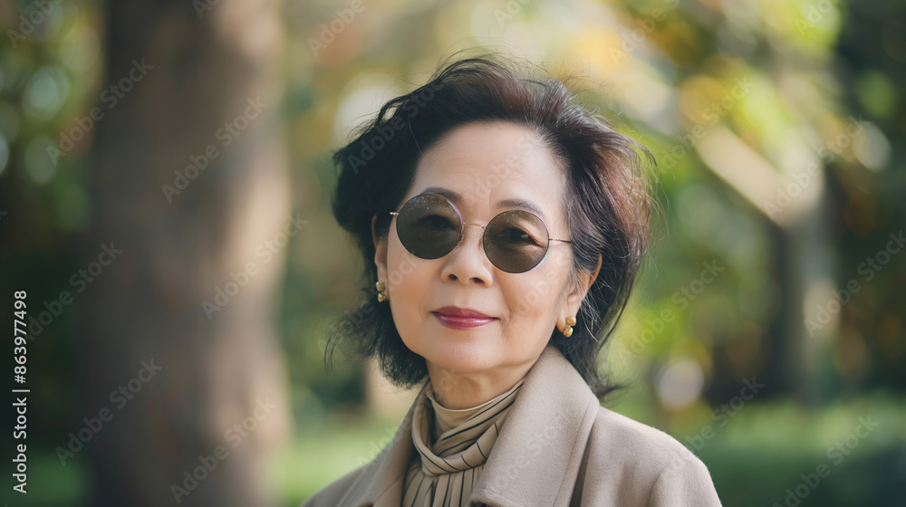 A woman wearing sunglasses and a brown coat. She is smiling. Scene is happy and cheerful A woman wearing sunglasses and a brown coat. She is smiling. Scene is happy and cheerful