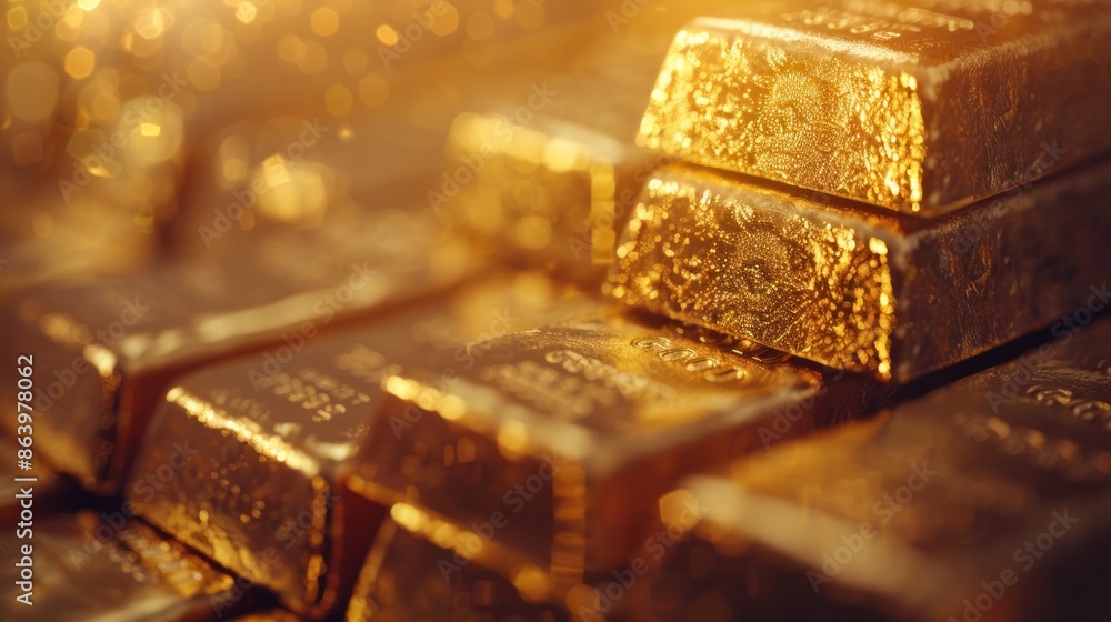 Shiny Gold Bars Stacked in a Close-Up View Shiny Gold Bars Stacked in a Close-Up View