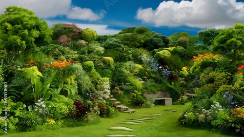 4K 60k Clear, Lush, and Vibrant different types of tree leaves with Green Garden and well-maintained colorful Flowers