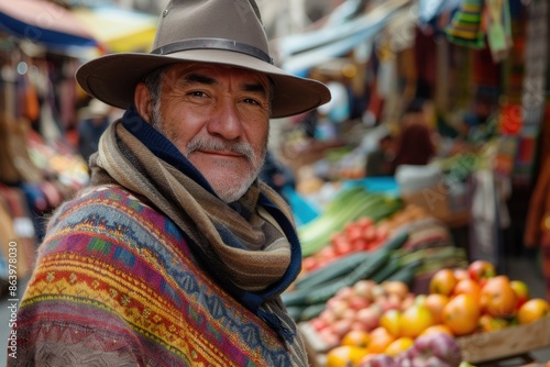 Middle-Aged Man in Traditional Huaso Outfit at Santiago Street Market

 photo