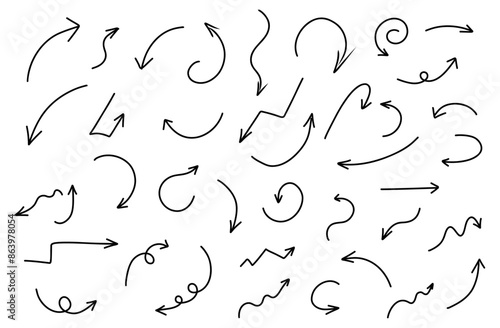 Hand drawn cross line arrows set. Vector doodle curvy and wavy arrows isolated on white background
