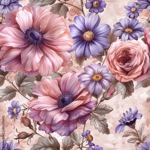 watercolor Roses, violets, and daisies in faded pink and lavender, ornate frame, Victorian-era aesthetic, nostalgic beauty, seamless repeating pattern