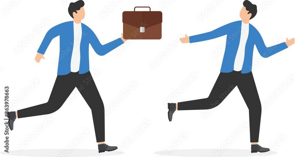 Relay, job handover or partnership. Teamwork to help winning. Business baton pass. Business colleagues, partners passing baton while running at full speed to achieve success. Flat vector illustration
Relay, job handover or partnership. Teamwork to help winning. Business baton pass. Business colleagues, partners passing baton while running at full speed to achieve success. Flat vector illustration
