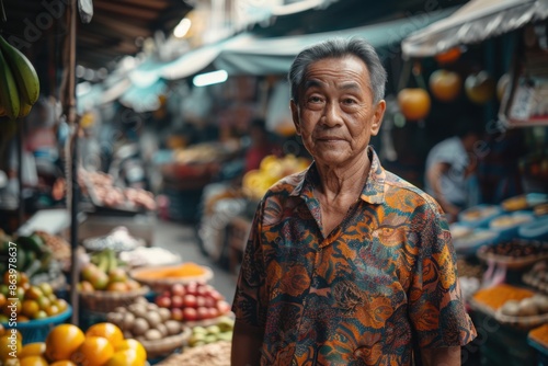 Middle-Aged Man Walking Through Bustling Market in Bangkok