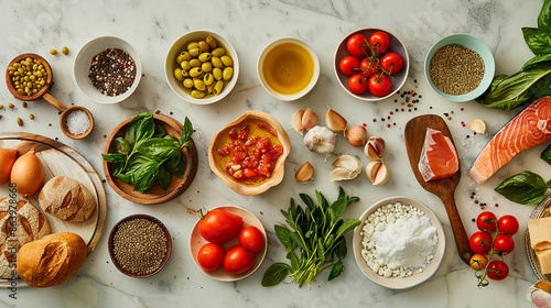 A selection of Mediterranean ingredients on a marble surface, including tomatoes, olives, and herbs. Concept of fresh and healthy cooking © BetterPhoto