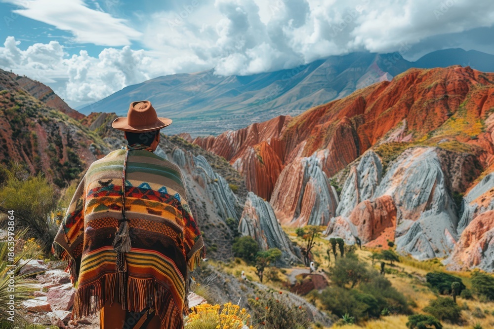 Indigenous Man in Traditional Clothing Standing in Quebrada de Humahuaca