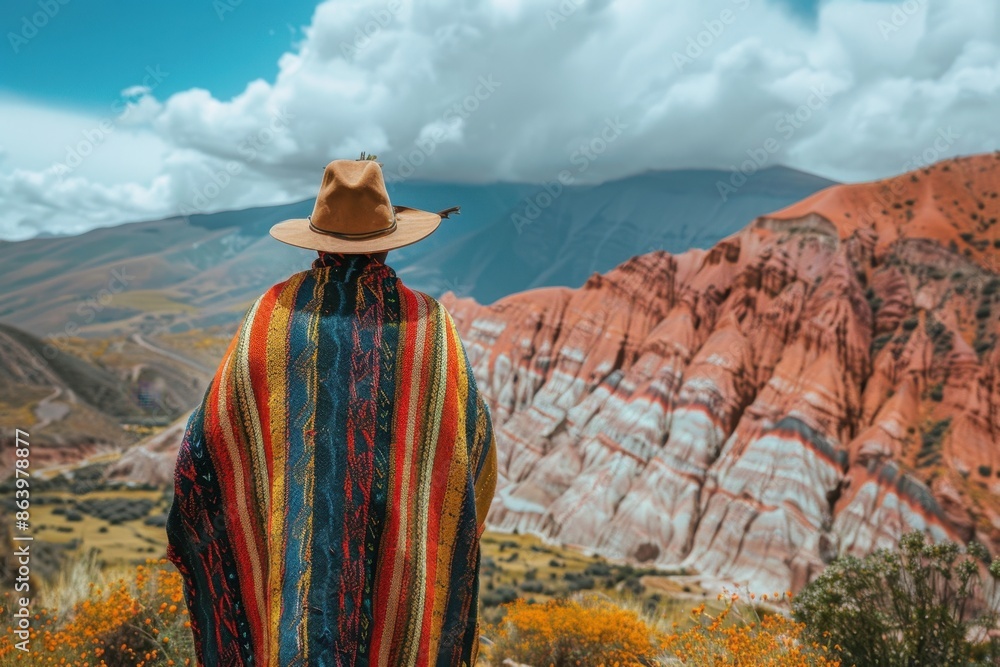 Indigenous Man in Traditional Clothing Standing in Quebrada de Humahuaca