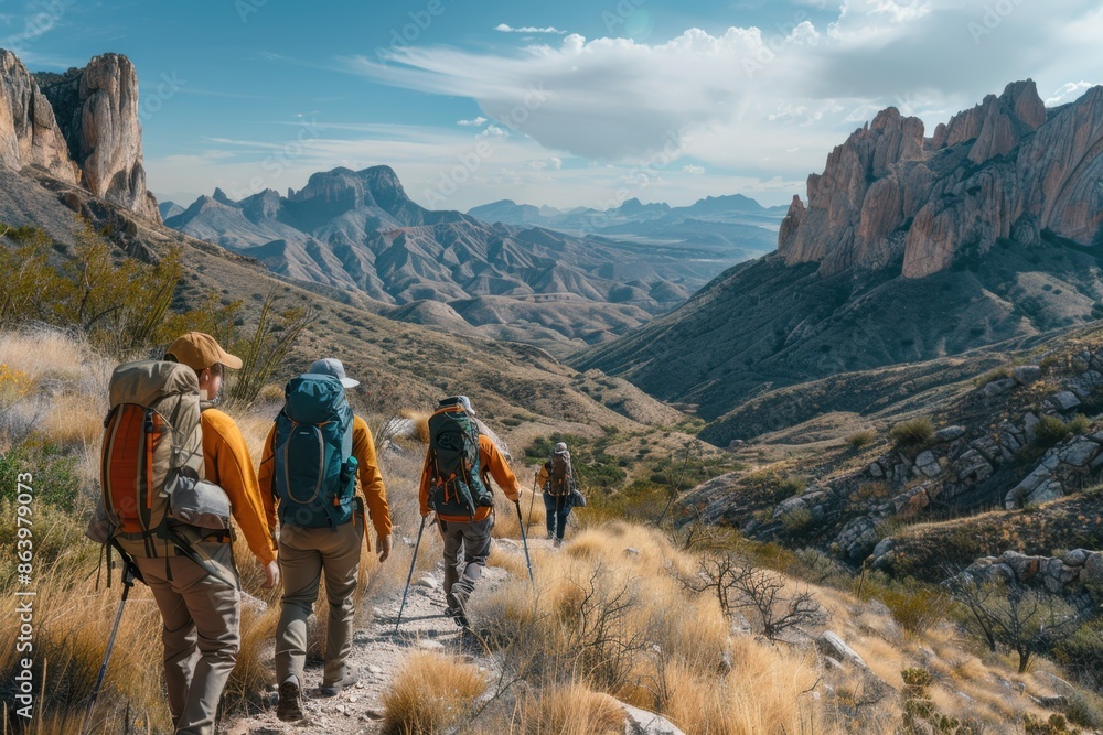 Fototapeta premium Group of Friends Exploring Big Bend National Park with Chisos Mountains