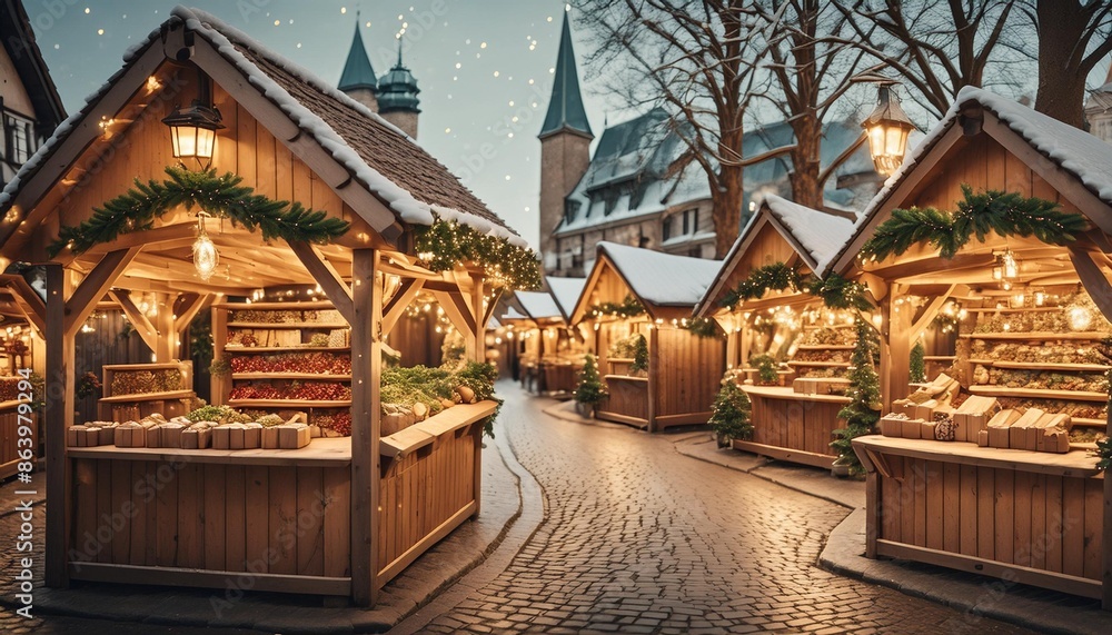Fototapeta premium Portray the festive charm of Christmas markets in Europe with wooden stalls decorated with twinkling lights and festive ornaments.