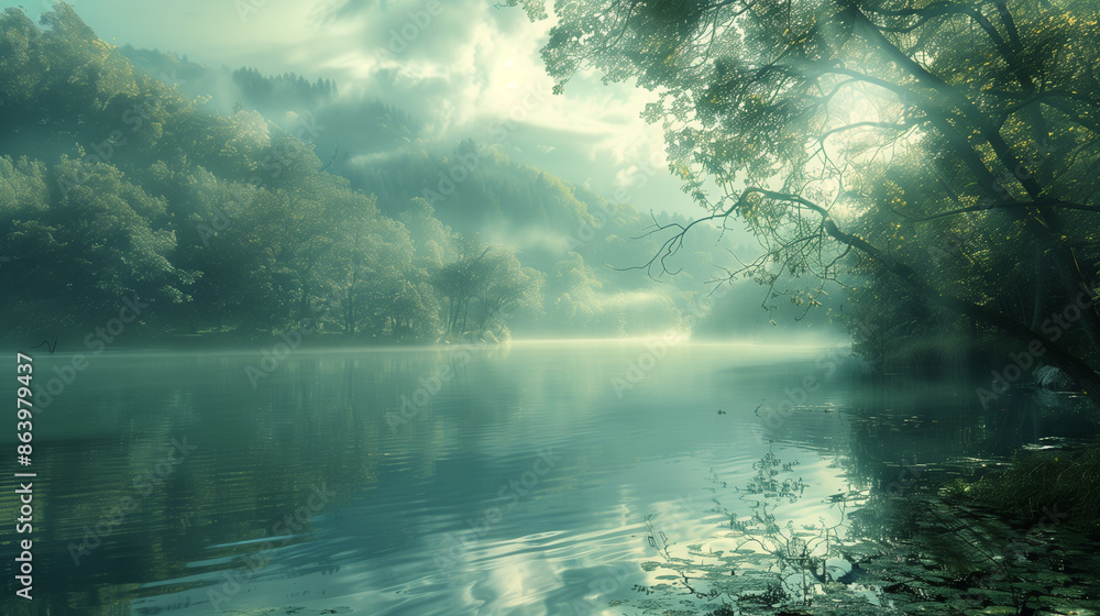 Misty lakeside scenery with forested mountains and tranquil water. Misty lakeside scenery with forested mountains and tranquil water.