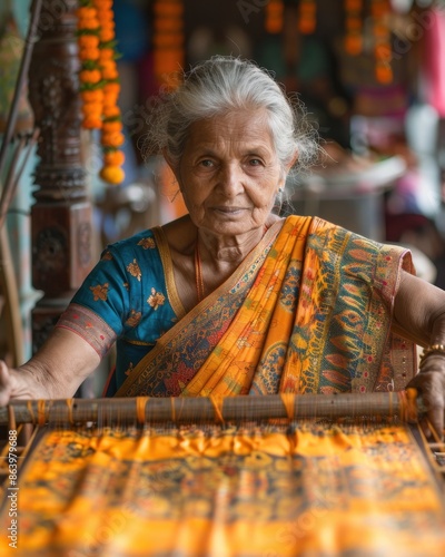 Elderly Woman Weaving Colorful Silk Saree in Tamil Nadu

