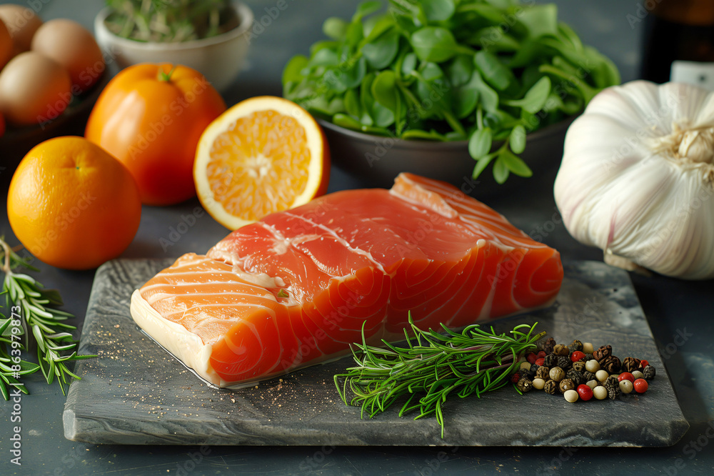 Fresh salmon fillet lying on slate surrounded by spices and herbs Fresh salmon fillet lying on slate surrounded by spices and herbs
