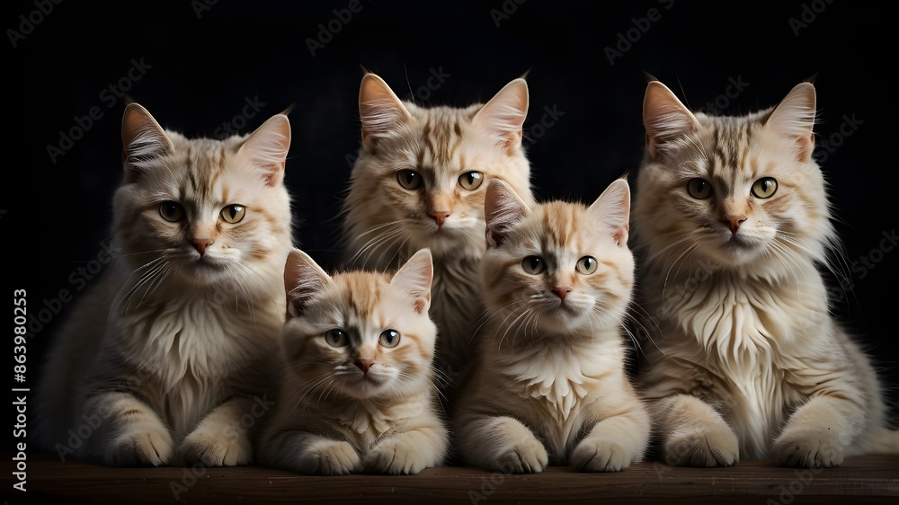 A family image features a mother of three purebred cats from Serbia, separated on a dark background with a copyspace area. A family image features a mother of three purebred cats from Serbia, separated on a dark background with a copyspace area.