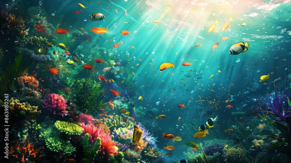 Naklejka premium Vibrant underwater scene with colorful fish and coral illuminated by sunlight in a tropical ocean.