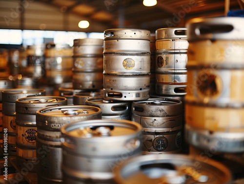 Rows of stainless steel beer kegs stacked in warehouse photo