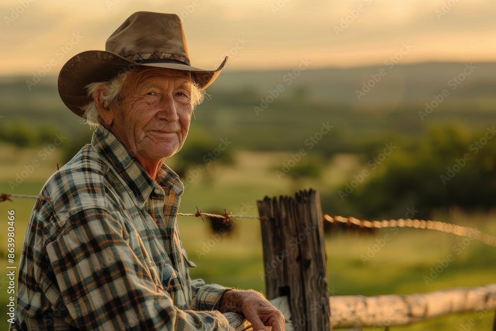 Elderly Rancher in Texas Hill Country by Wooden Fence at Golden Hour
Elderly Rancher in Texas Hill Country by Wooden Fence at Golden Hour