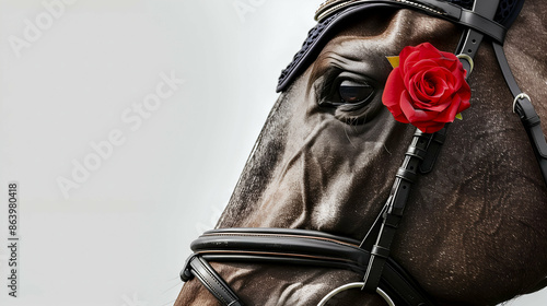 Close-Up of Horse with Red Rose and Bridle photo