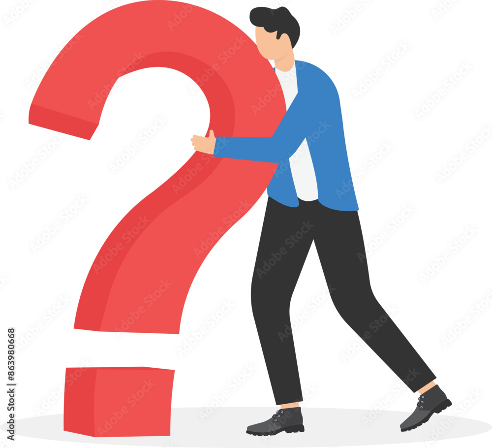 Businessman hugging a big question mark. Problem solving, brainstorming. Search for new ideas. Imagination, creativity. Handsome manager thinking. Male employee in trendy style. Flat vector illustrati Businessman hugging a big question mark. Problem solving, brainstorming. Search for new ideas. Imagination, creativity. Handsome manager thinking. Male employee in trendy style. Flat vector illustrati