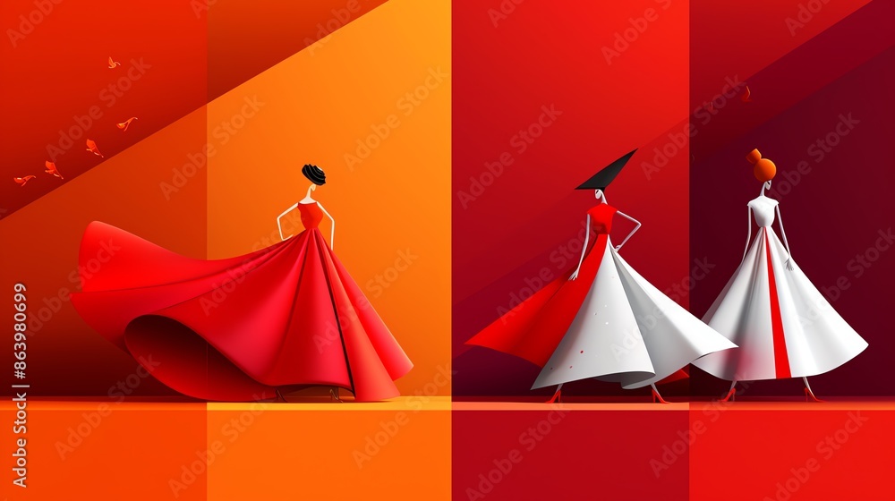 Abstract Dress Modelling Elegant models in abstract, colorful dresses on vibrant background ...