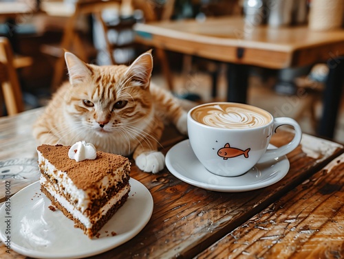 Ginger cat sitting on table with cup of coffee and slice of tiramisu cake