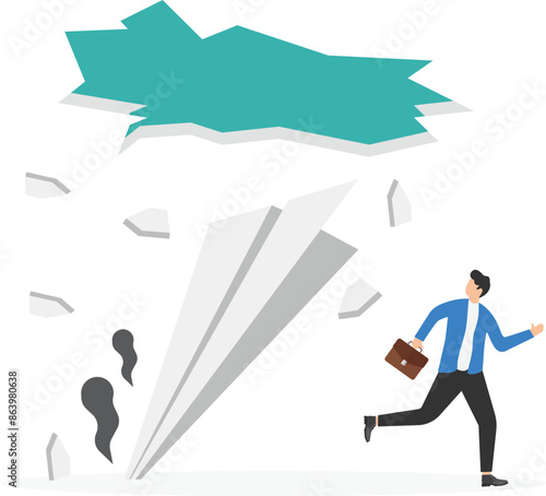 Failed startup. Rocket crashed down and went through the roof of the company building. Sad people investors look at burning spaceships. Unprofitable new business, bad decisions. Bad management. Flat v