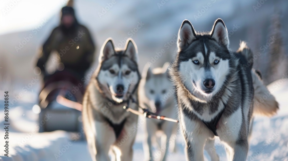 Portrait of Husky dogs in dog sledding in cold winter with snow Portrait of Husky dogs in dog sledding in cold winter with snow