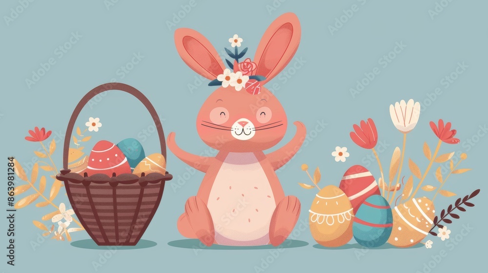 Flat vector illustration of bunny rabbit with easter eggs Flat vector illustration of bunny rabbit with easter eggs
