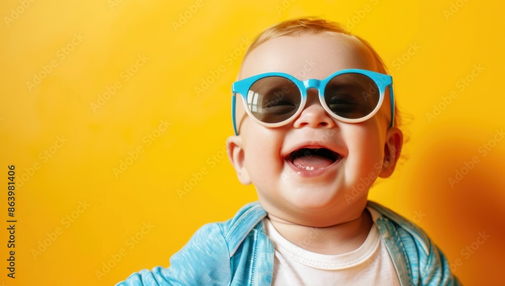 Happy Baby with Sunglasses and Yellow Background Happy Baby with Sunglasses and Yellow Background
