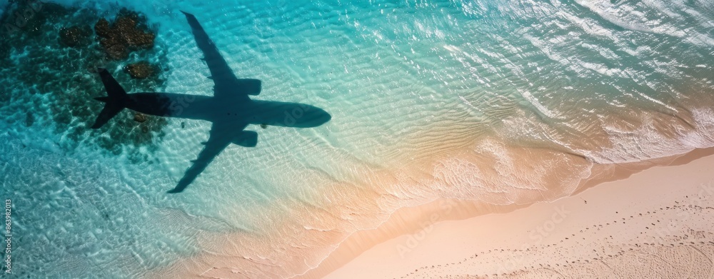 Shadow of Airplane Over Turquoise Ocean and Beach Shore Shadow of Airplane Over Turquoise Ocean and Beach Shore