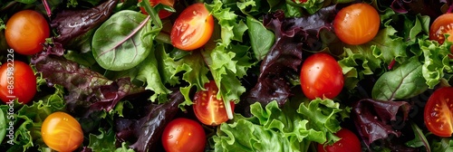 A detailed close-up of fresh salad ingredients, showcasing vibrant green lettuce, leafy greens, and plump cherry tomatoes © Ilia Nesolenyi