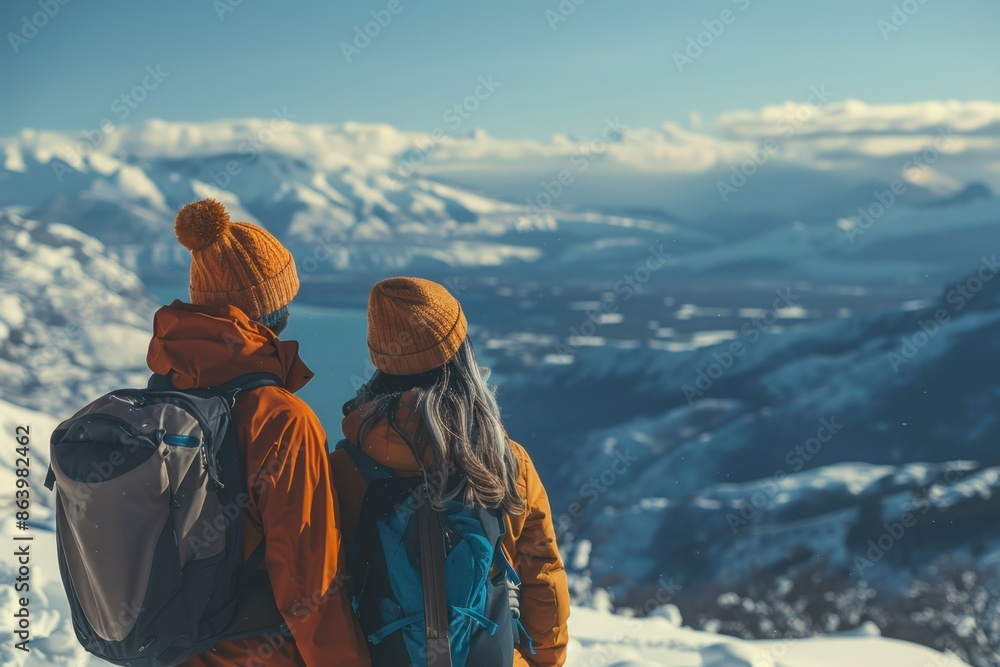Young Couple Skiing in Snowy Andes in Bariloche