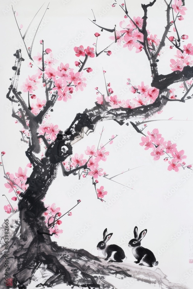 Fototapeta premium Traditional Chinese ink art painting of rabbit and blossom tree.