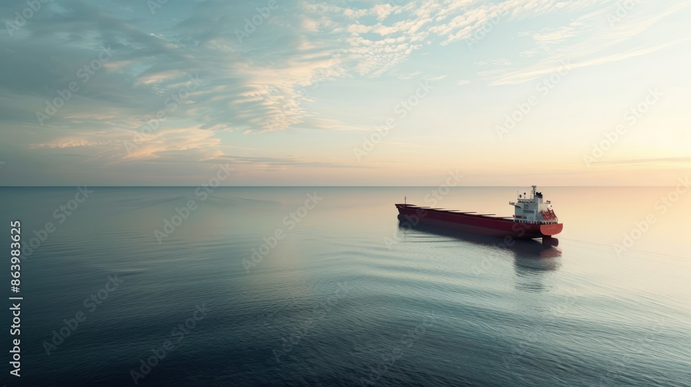 Tranquil scene of a large cargo ship sailing on calm sea waters during a serene sunrise, with clear skies and beautiful horizon in the background. Tranquil scene of a large cargo ship sailing on calm sea waters during a serene sunrise, with clear skies and beautiful horizon in the background.