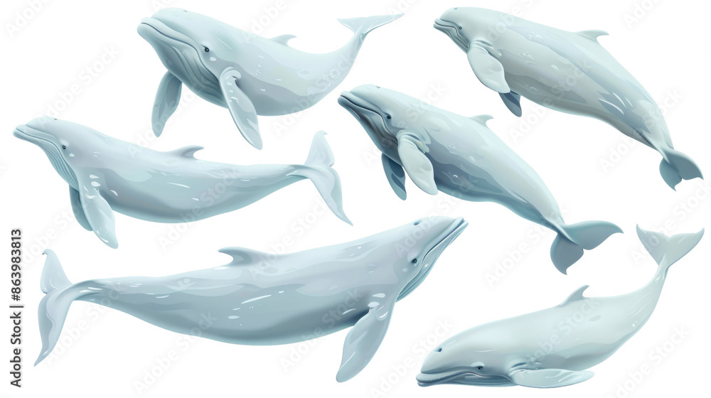 Obraz premium Illustration of six white whales swimming in different directions in isolated on transparent background, showcasing their elegance and movement.