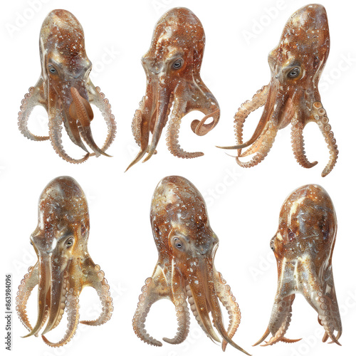 Collection of six realistic octopus illustrations showcasing intricate details and various poses against a transparent background in isolated on transparent background photo