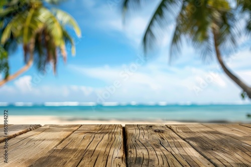 Empty Wooden Deck with Tropical Beach Background