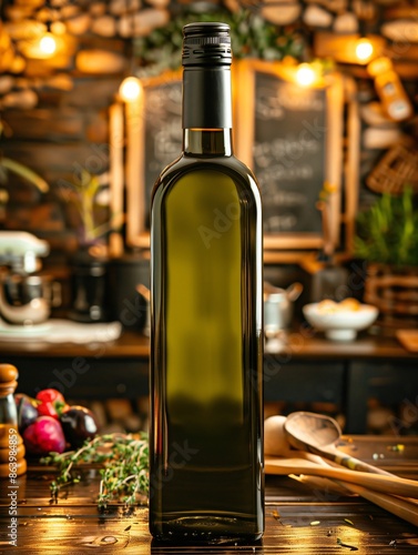 Bottle of olive oil standing on rustic kitchen countertop