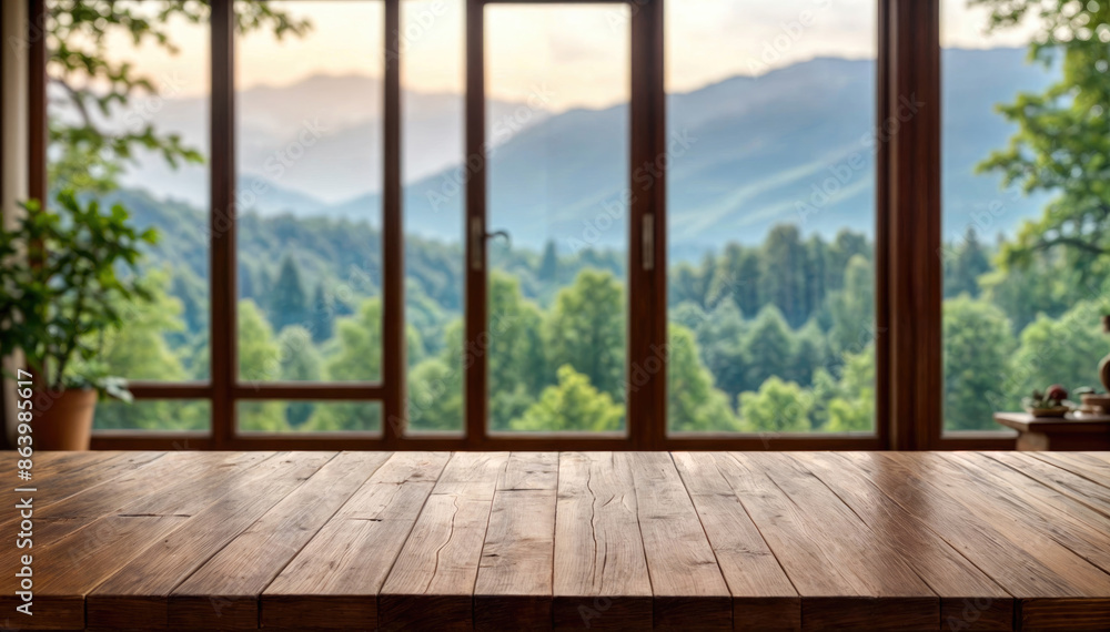 Wooden Table with Blurred Living Room Scene and Window View Wooden Table with Blurred Living Room Scene and Window View
