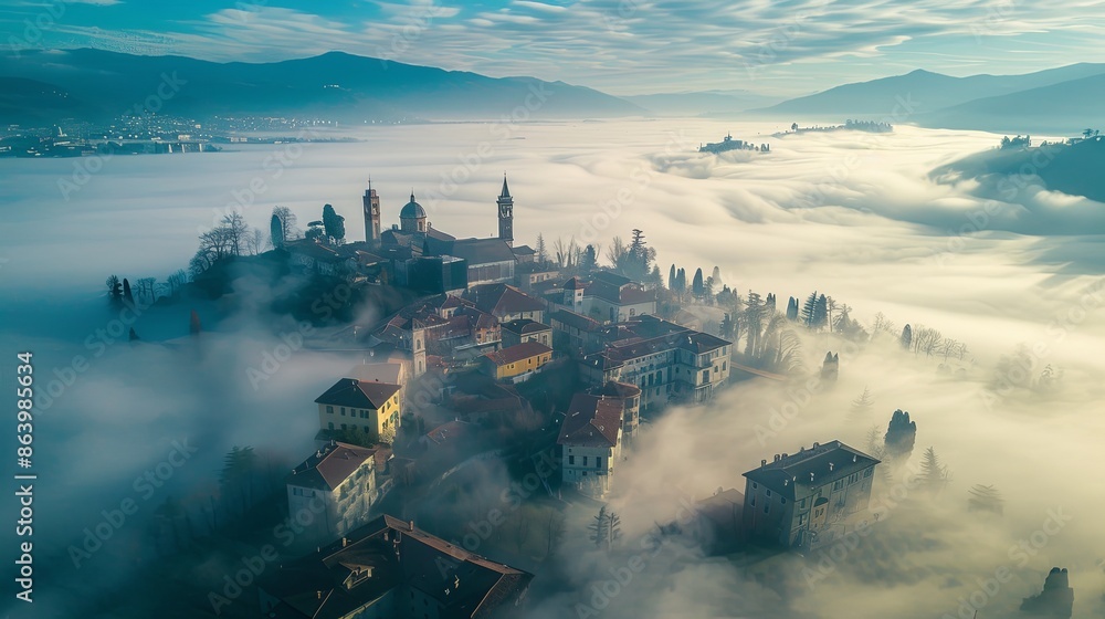 Bergamo, Italy. Drone aerial view of an amazing landscape of the fog rises from the plains and covers the old town Bergamo, Italy. Drone aerial view of an amazing landscape of the fog rises from the plains and covers the old town
