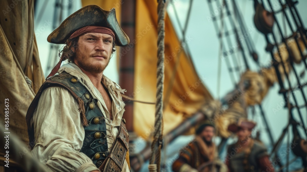 Obraz premium Portrait of medieval ship crew of a vintage sail ship in sea.