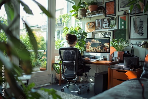 Modern home office with computer setup, natural light, and outdoor view provides comfortable and productive workspace AIG58 photo