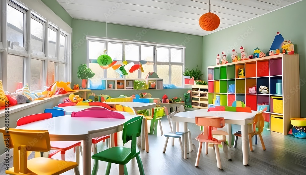 Spacious Kindergarten Classroom with desks, chairs, trinkets Spacious Kindergarten Classroom with desks, chairs, trinkets